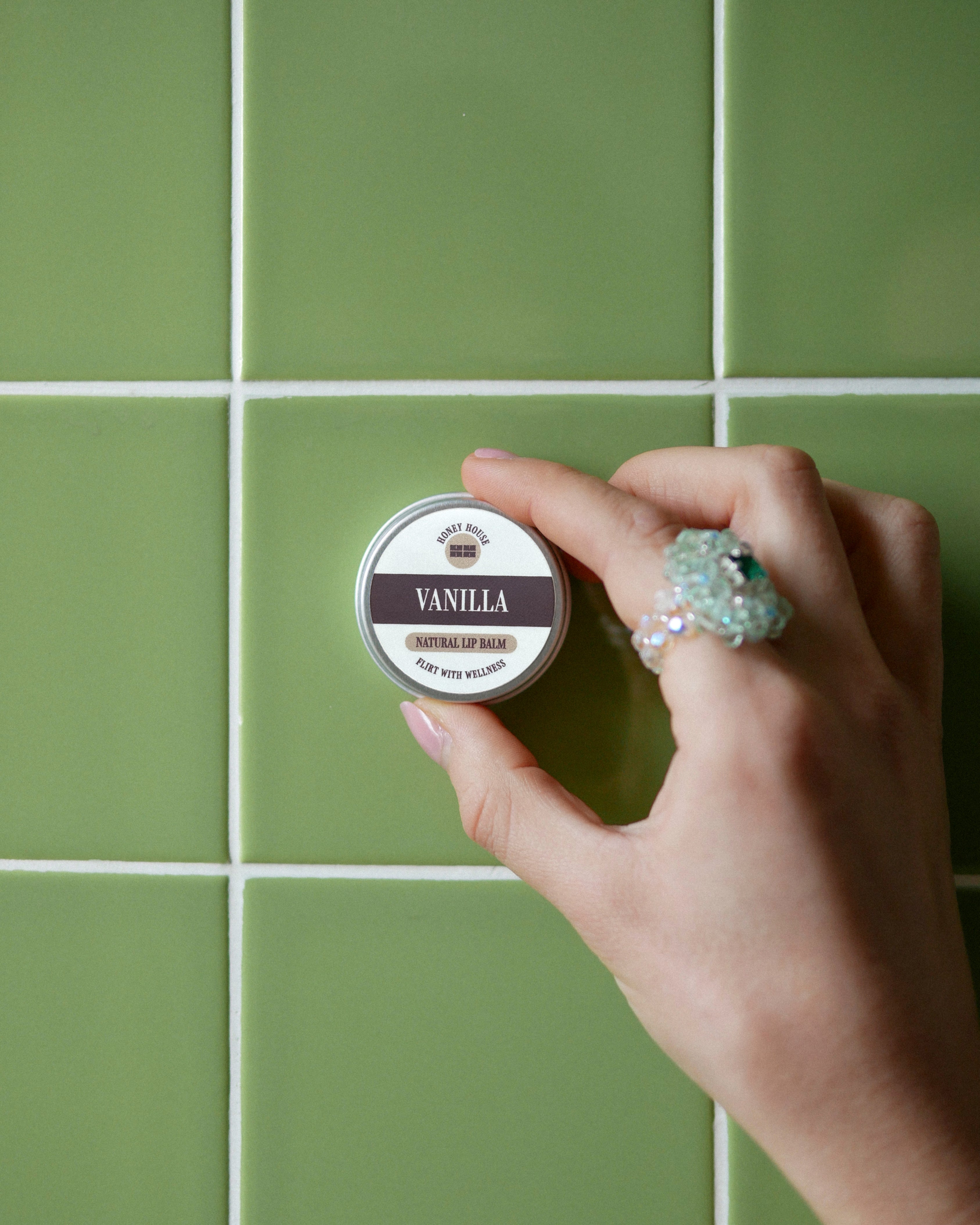 Natural Vanilla Lip Balm. hydrates lips with coconut oil and cacao butter.